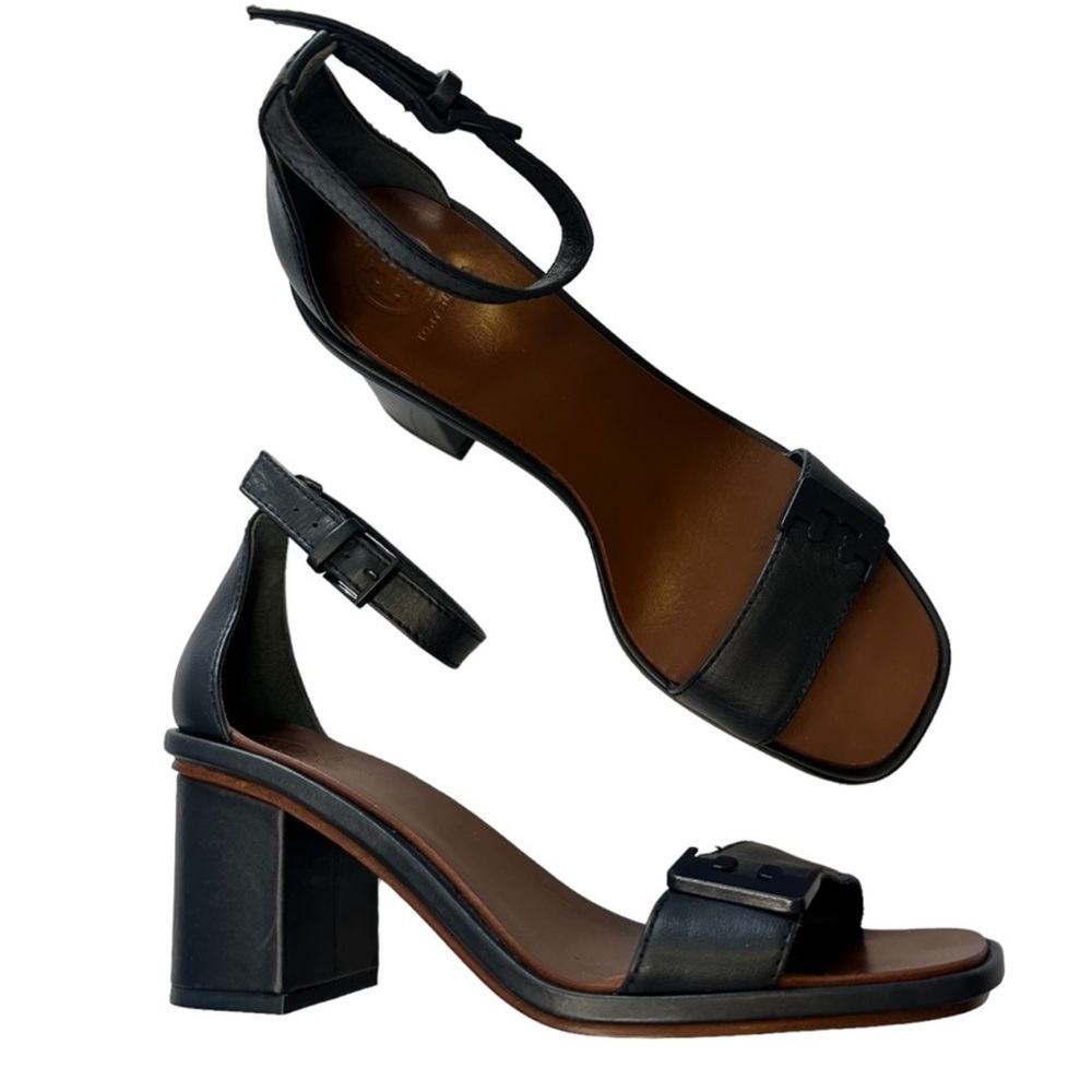 NEW TORY BURCH LEATHER BLOCK HEEL STRAPPY SLINGBACK SANDALS navy size 7